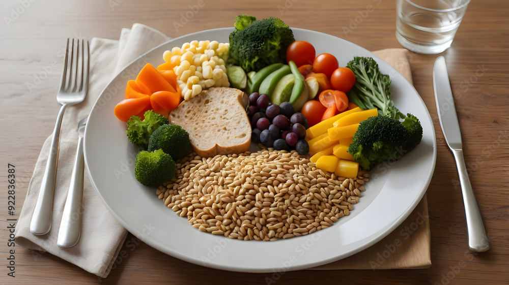 A serene table setting featuring a balanced meal with fresh, colorful vegetables, lean proteins, and whole grains, all arranged on a simple, elegant plate, hd highly details image A serene table setting featuring a balanced meal with fresh, colorful vegetables, lean proteins, and whole grains, all arranged on a simple, elegant plate, hd highly details image