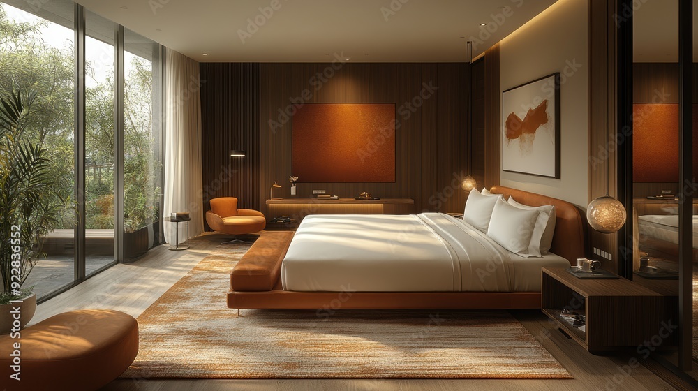 Modern Luxury Bedroom with Large Windows and Wooden Accents Modern Luxury Bedroom with Large Windows and Wooden Accents