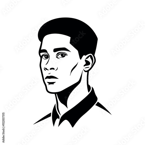 Drawing of a young man's face from his right side. The drawing is made only of one thin continous black line. black and white minimalist artwork. White background. 