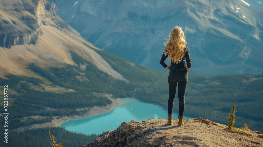 Naklejka premium Woman Standing on Mountaintop Overlooking Valley and Lake