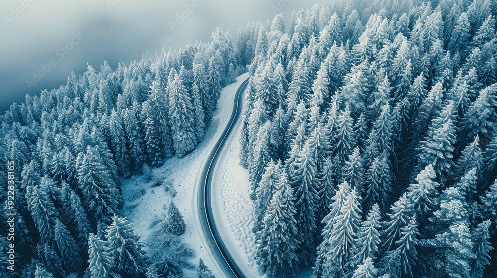 Aerial View of Winding Road Through a Snowy Forest Aerial View of Winding Road Through a Snowy Forest