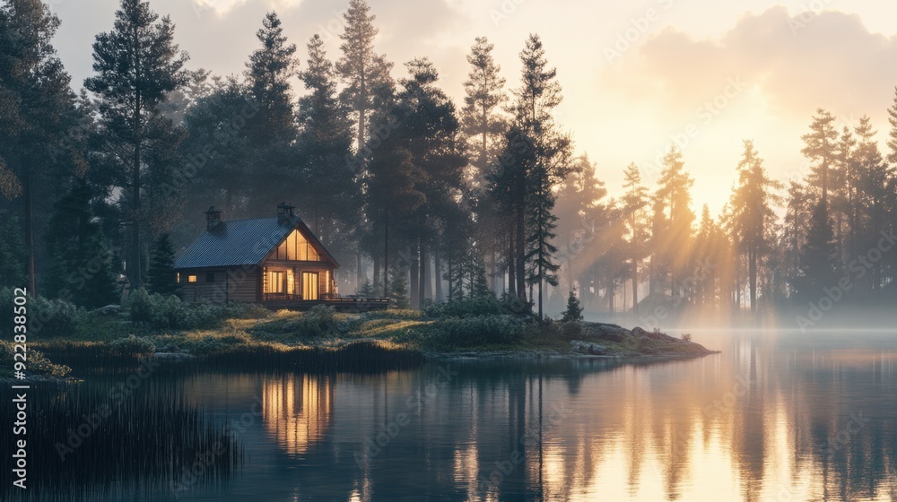 Fototapeta premium A small cabin sits on a lake surrounded by trees, AI