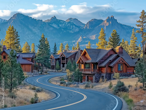 A winding road with houses on either side. The houses are all wooden and have a rustic feel. The road is surrounded by trees and mountains in the background