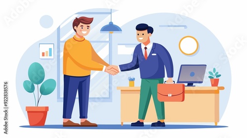 A warm welcome to the team. This image depicts a manager extending a welcoming handshake to a new employee, emphasizing the importance of a positive onboarding experience. photo