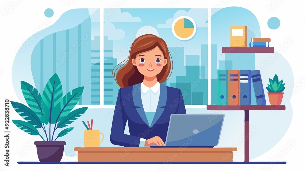 Presents a professional woman working intently on a laptop amidst a clean and modern office environment. The design creates a visually striking backdrop to highlighting the drive and expertise Presents a professional woman working intently on a laptop amidst a clean and modern office environment. The design creates a visually striking backdrop to highlighting the drive and expertise