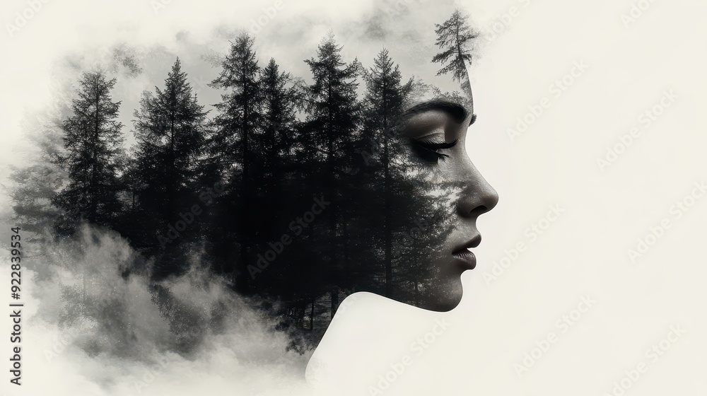 Silhouette of a Nordic queen filled with a forest , double exposure, crisp lines, monochrome background Silhouette of a Nordic queen filled with a forest , double exposure, crisp lines, monochrome background