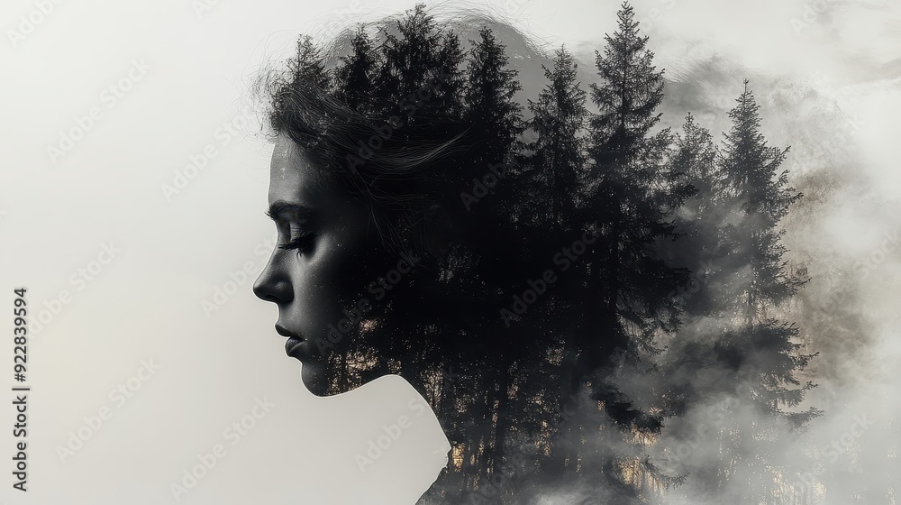 Silhouette of a Nordic queen filled with a forest , double exposure, crisp lines, monochrome background Silhouette of a Nordic queen filled with a forest , double exposure, crisp lines, monochrome background
