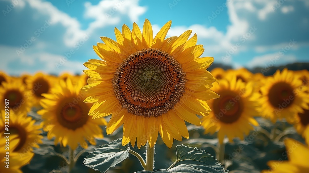 Fototapeta premium Sunflower field with cloudy blue sky