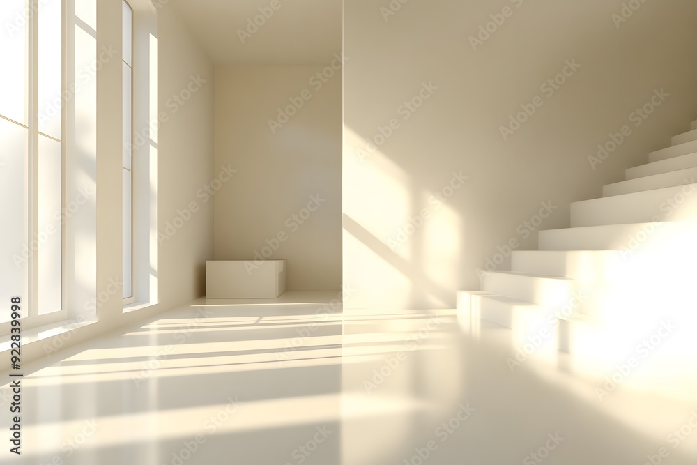 Fototapeta premium Modern interior with natural light streaming through large windows at midday. Generative AI