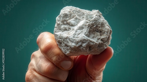 A hand clasps a rough textured rock against a green background