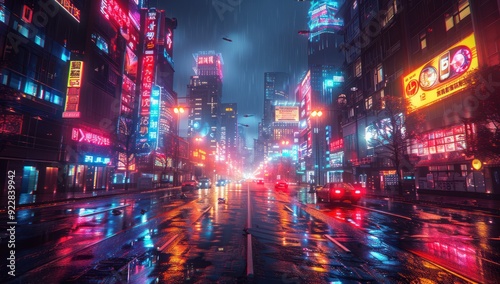 Cyberpunk Cityscape with Neon Lights and Rain