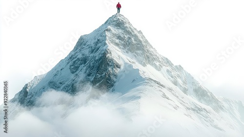 A lone figure stands on the summit of a snow-capped mountain clouds swirling below