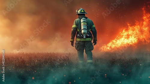 A lone firefighter stands against a backdrop of raging flames and smoke