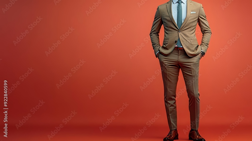 A man in a brown suit stands with hands in pockets against a red background A man in a brown suit stands with hands in pockets against a red background