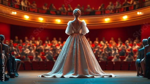 A lone woman in a flowing gown stands on a stage facing an audience