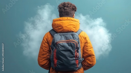 A lone traveler gazes at a cloud formation  his backpack filled with hopes and dreams