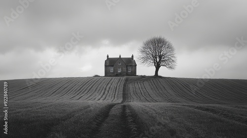 This black and white minimalistic landscape shows fields and an old mansion house in the English countryside photo