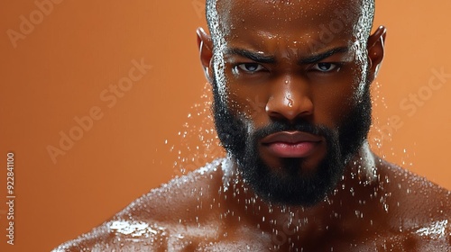 A muscular man with a beard stares intensely at the camera water droplets falling on his face and chest  The mans expression is determined and focused