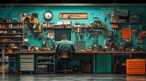 A man works on a project in his cluttered workshop