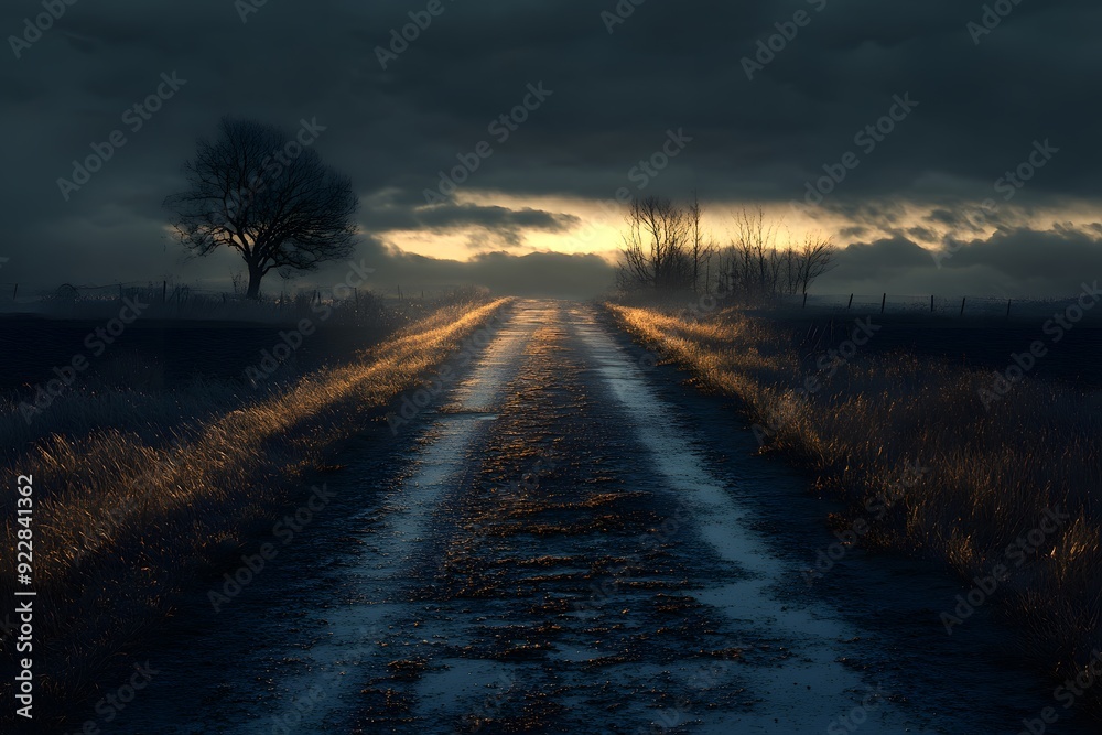 Fototapeta premium Misty road at dusk with fading light and dark clouds in a rural landscape. Generative AI
