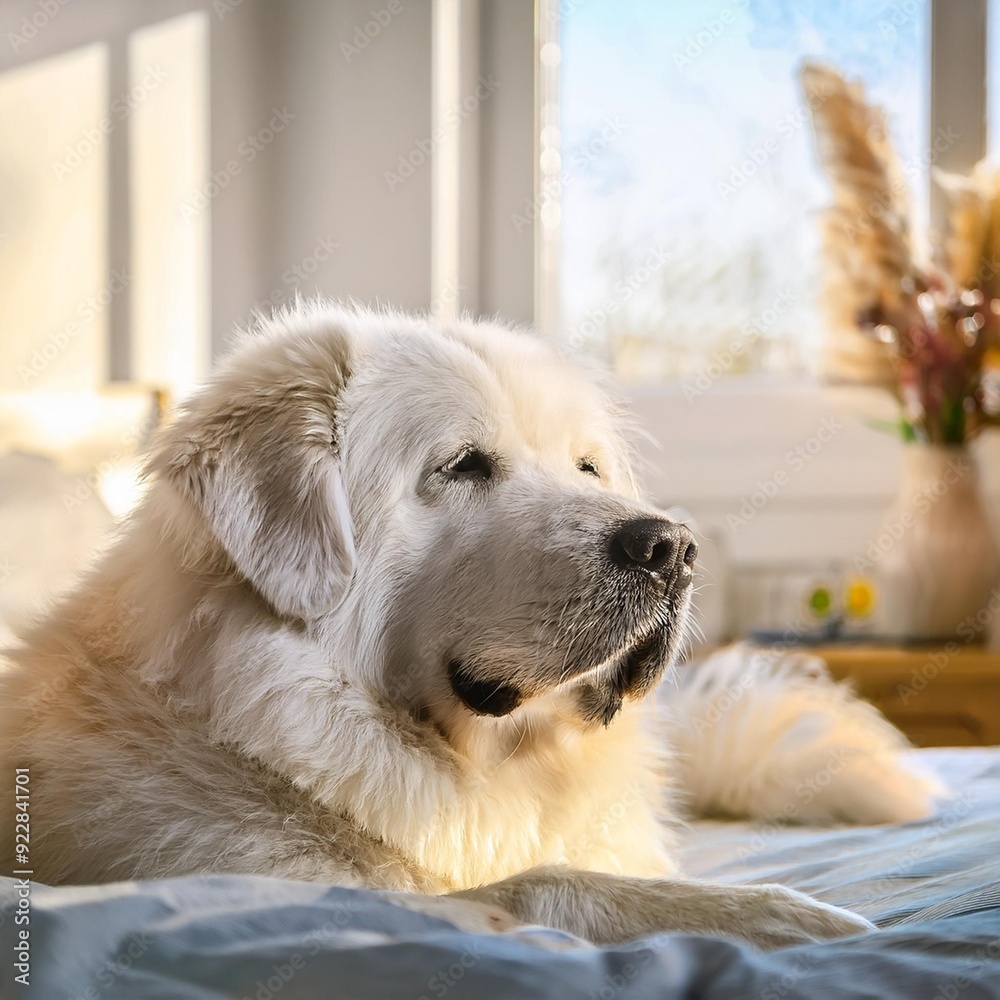Great Pyrenees dog resting on bed