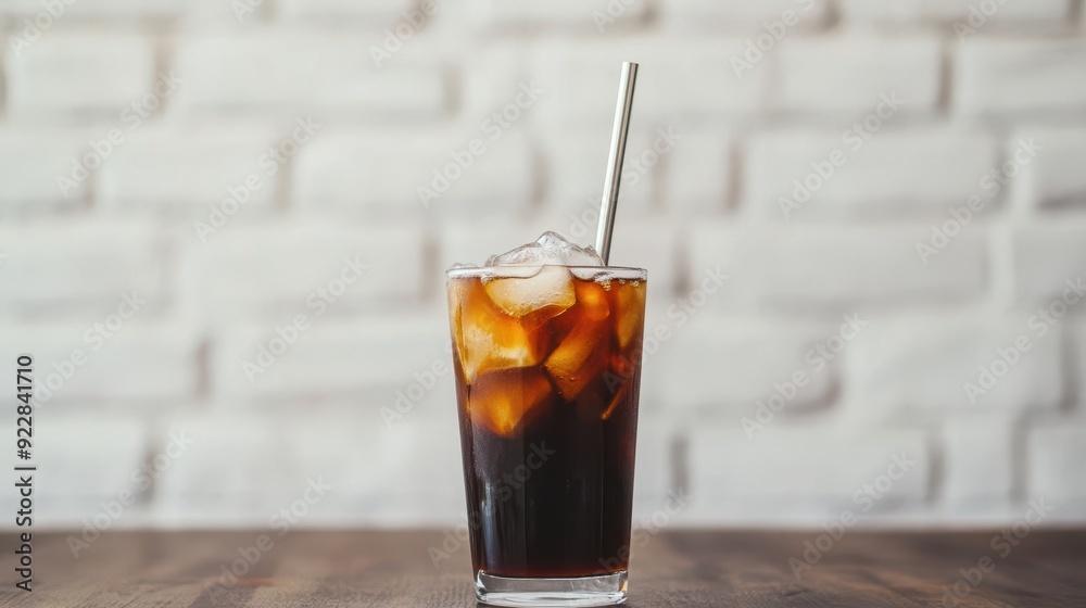 Vibrant Iced Cold Brew Coffee with Metal Straw in Minimalist Setting Vibrant Iced Cold Brew Coffee with Metal Straw in Minimalist Setting