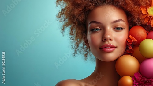 A woman with curly hair and a colorful flower arrangement