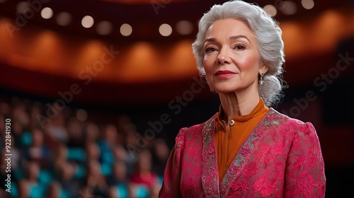 A woman with silver hair and a red jacket stands in front of a blurred audience