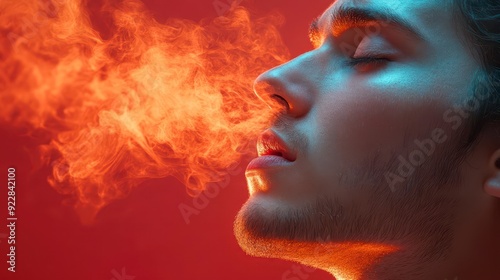 A young man exhales fire a fiery breath against a red background