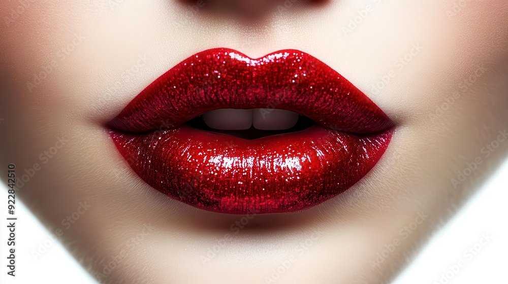 Close-up of glossy red lips with a hint of sparkle