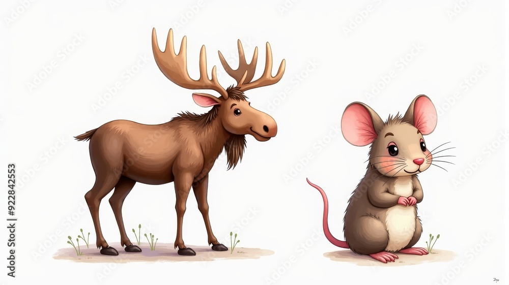 Cute Moose and Mouse Illustration - Adorable Forest Animal Drawing for Kids' Books and Cartoons Cute Moose and Mouse Illustration - Adorable Forest Animal Drawing for Kids' Books and Cartoons