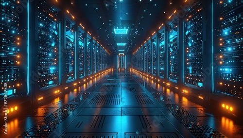 Futuristic Server Room with Blue and Orange Lights