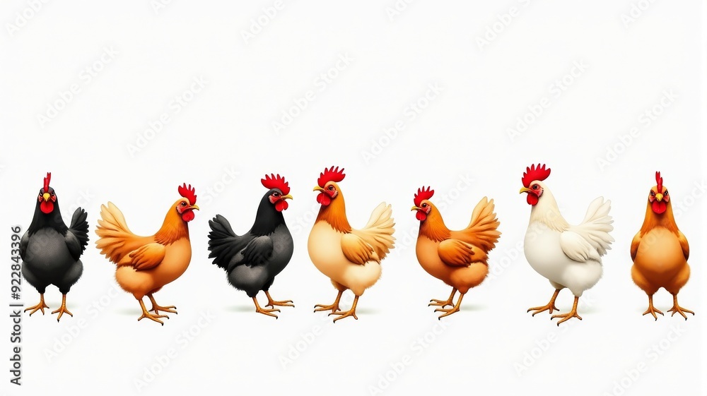 Fototapeta premium Colorful Illustration of Various Chicken Breeds Standing in a Row on a White Background