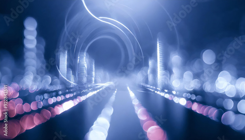 Future technology style, AI, data, audio graphics, virtual reality, cyberspace, hologram and bokeh lights digital abstract art background or wallpaper in blue, pink, purple dark cold colors palette.