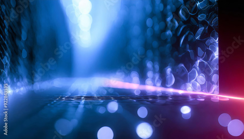 Future technology style, AI, data, audio graphics, virtual reality, cyberspace, hologram and bokeh lights digital abstract art background or wallpaper in blue, pink, purple dark cold colors palette.
