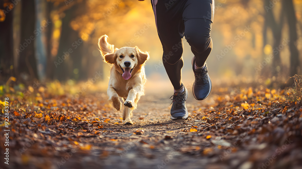 Man running with dog on forest path in mountains The path is surrounded by trees and rough terrain. Adventurous and nature-loving lifestyle Man running with dog on forest path in mountains The path is surrounded by trees and rough terrain. Adventurous and nature-loving lifestyle