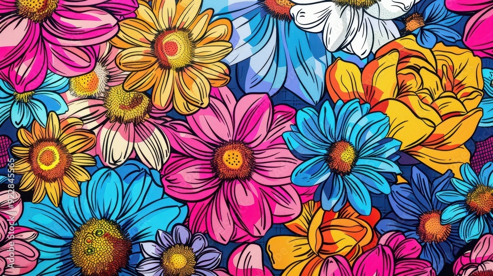A vibrant array of colorful flowers fills the frame, showcasing their intricate details and lively hues A vibrant array of colorful flowers fills the frame, showcasing their intricate details and lively hues