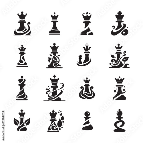 fluid chess piece silhouette icon set, collection or bundle isolated on white background, creative and stylish fluid chess piece vector icon, logo style fluid chess piece , stylish chess piece with cu