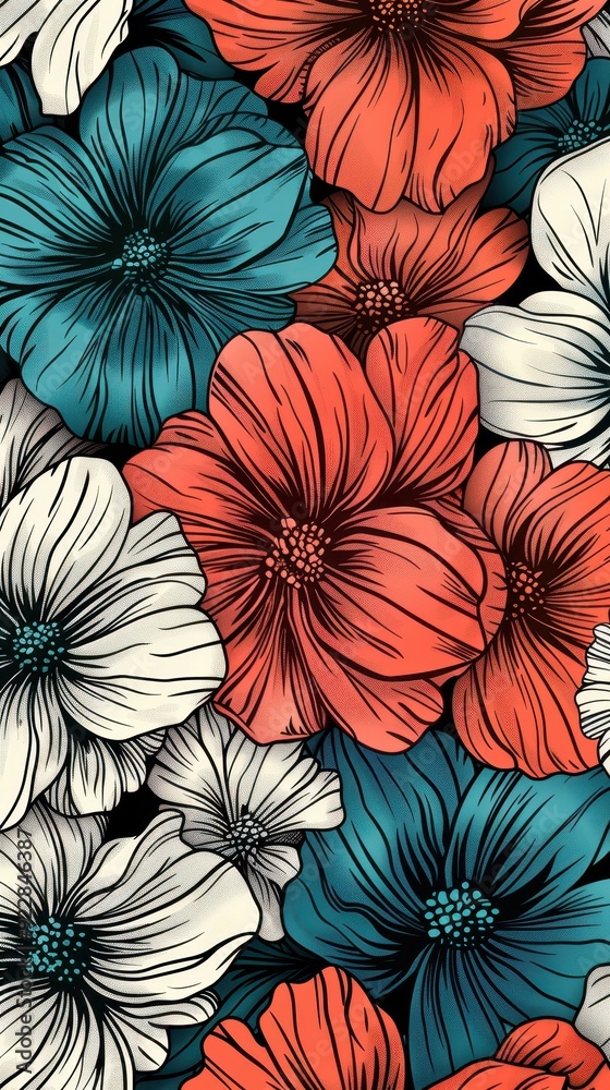 Colorful flowers in red, white, and blue create a striking and detailed floral pattern against a dark backdrop