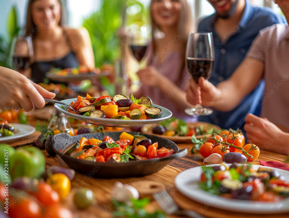 A group of people are gathered around a table with a variety of food and drinks, including wine glasses. The atmosphere is lively and social, with everyone enjoying the meal and each other's company