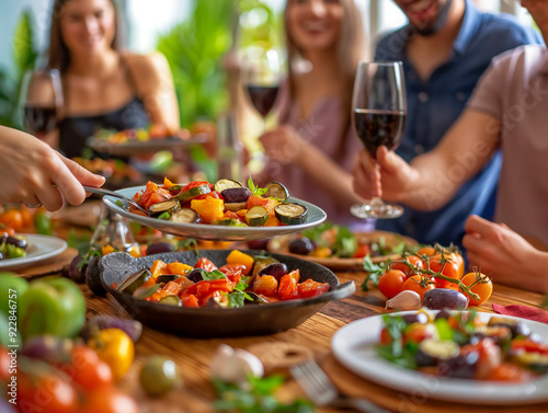 Obraz na płótnie A group of people are gathered around a table with a variety of food and drinks, including wine glasses. The atmosphere is lively and social, with everyone enjoying the meal and each other's company w salonie