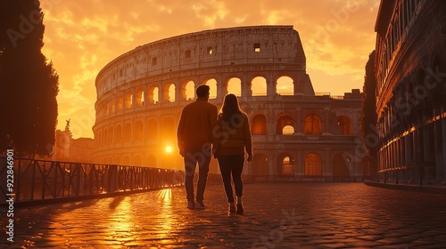 A couple standing Towards the Colosseum at Sunrise in Rome, Italy