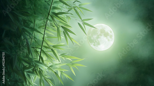 Serene bamboo leaves gently illuminated by a full moon, creating a tranquil night scene.