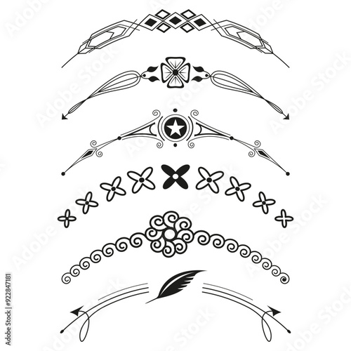 Ornamental divider set. Decorative border elements. Black and white vector. Vintage design.