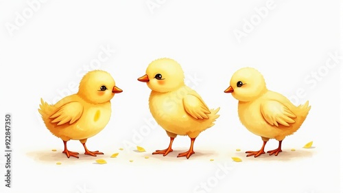 Adorable Illustration of Three Yellow Chicks on a White Background, Perfect for Easter and Spring Designs