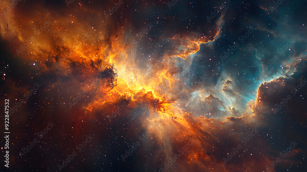 Fototapeta premium Cosmic Inferno: A nebula blazes with vibrant orange and blue hues, its interstellar clouds swirling in a fiery dance of creation and destruction. 