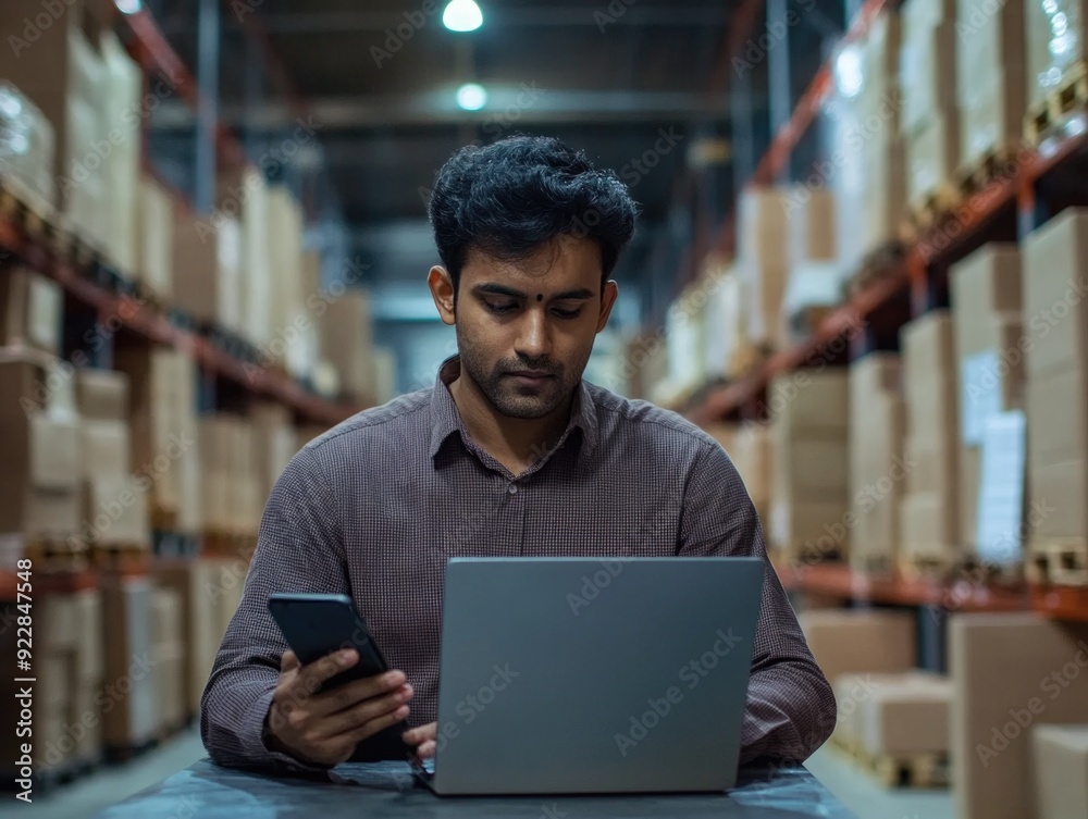 Busy Warehouse Worker on a Phone Busy Warehouse Worker on a Phone