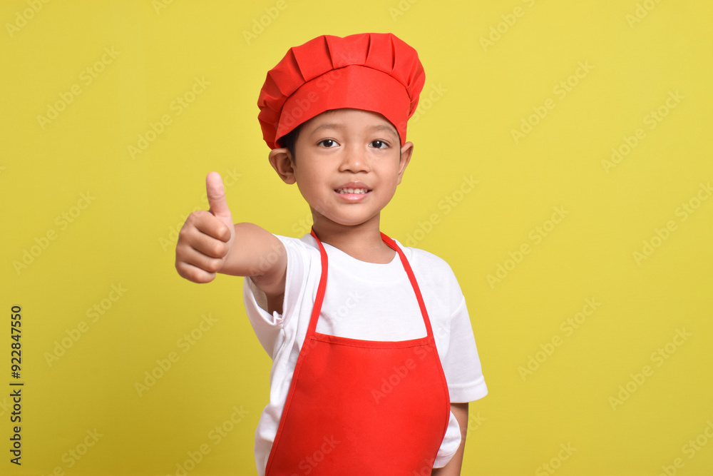 Cute little chef giving thumbs up to camera isolated on yellow background. Asian boy wearing red apron and hat. Great little chef Cute little chef giving thumbs up to camera isolated on yellow background. Asian boy wearing red apron and hat. Great little chef