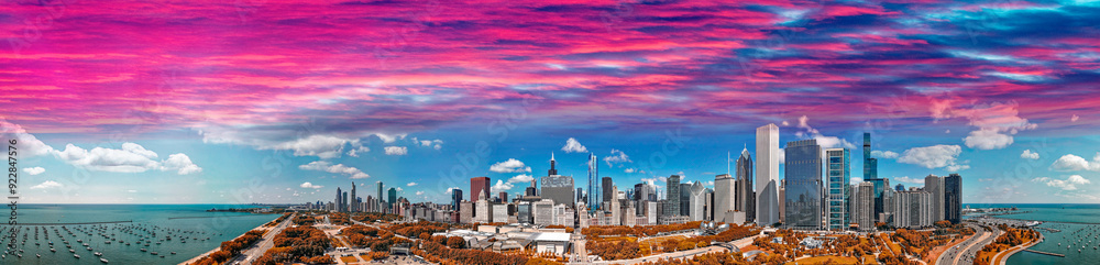 Fototapeta premium Aerial panoramic view of Chicago skyline from Millennium Park on a sunny summer day