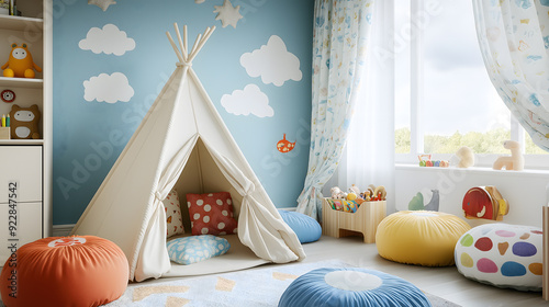 Whimsical children's bedroom with a playful tent and vibrant colors, creating a cozy and imaginative space